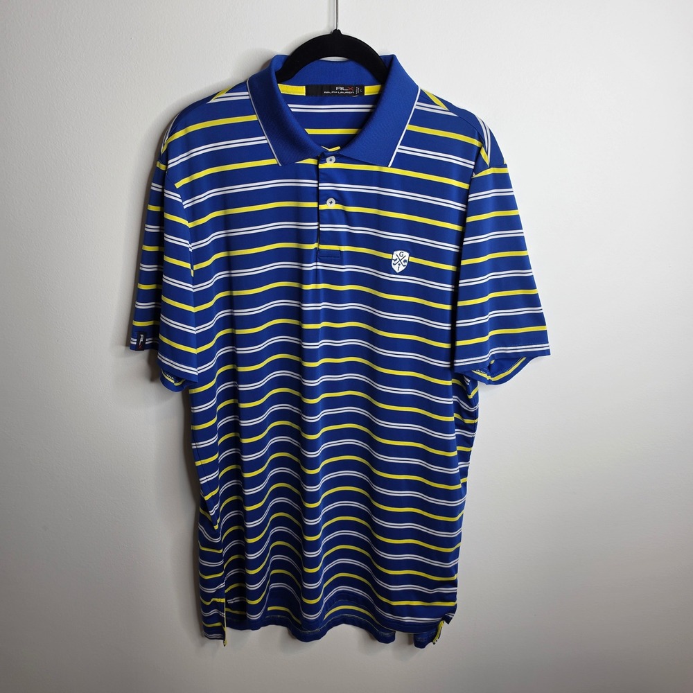 RLX Ralph Lauren Polo Shirt Mens Large Blue Yellow Striped Golf Performance